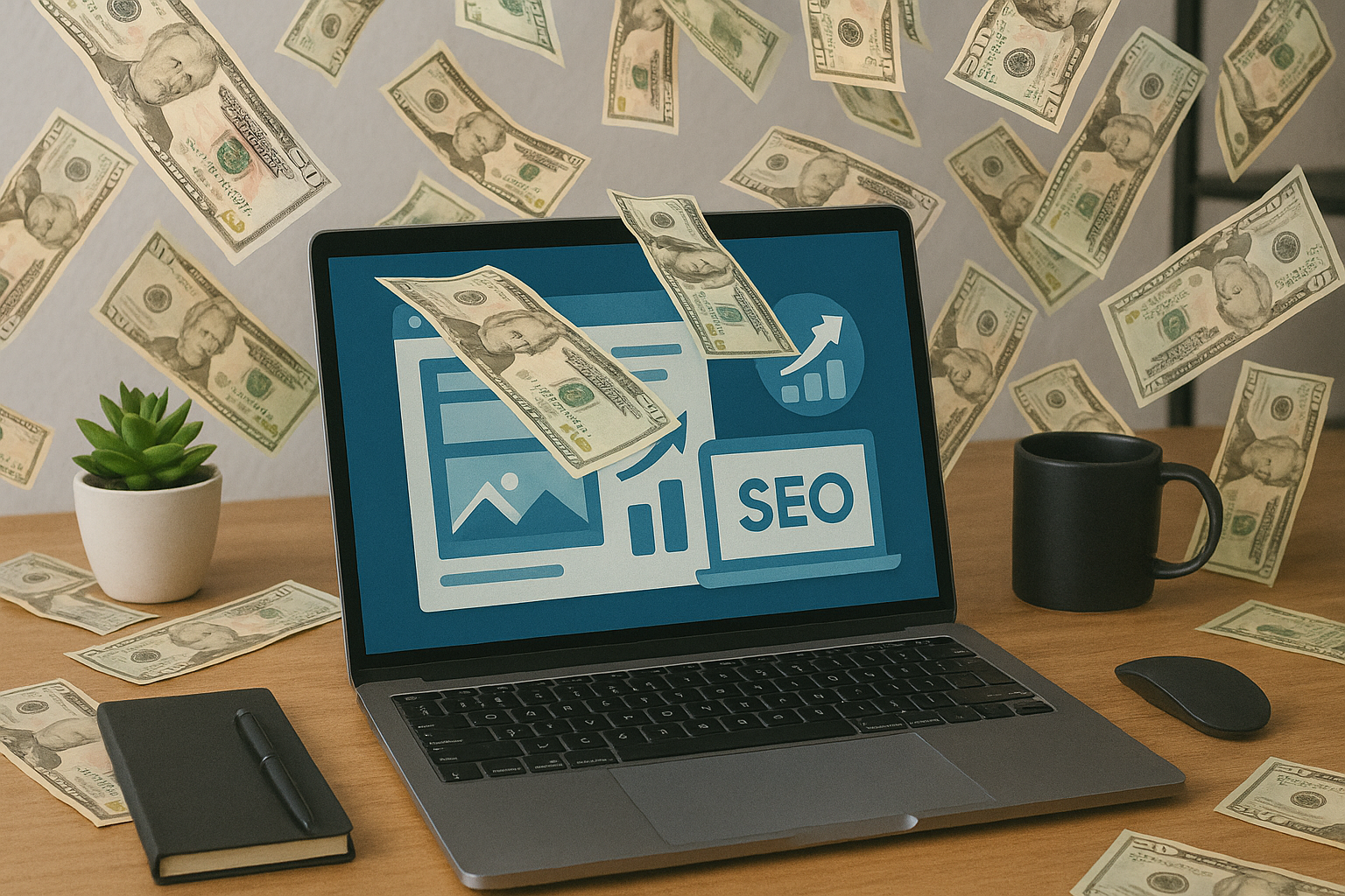 Laptop con pantalla mostrando métricas y tablero de marketing