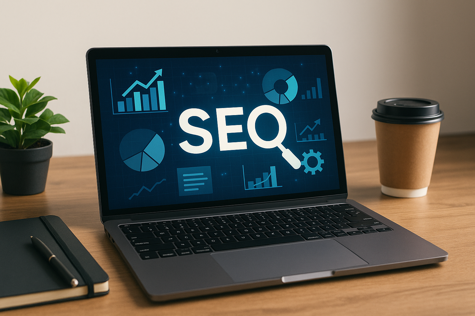 Pantalla con la palabra SEO y gráficos de rendimiento